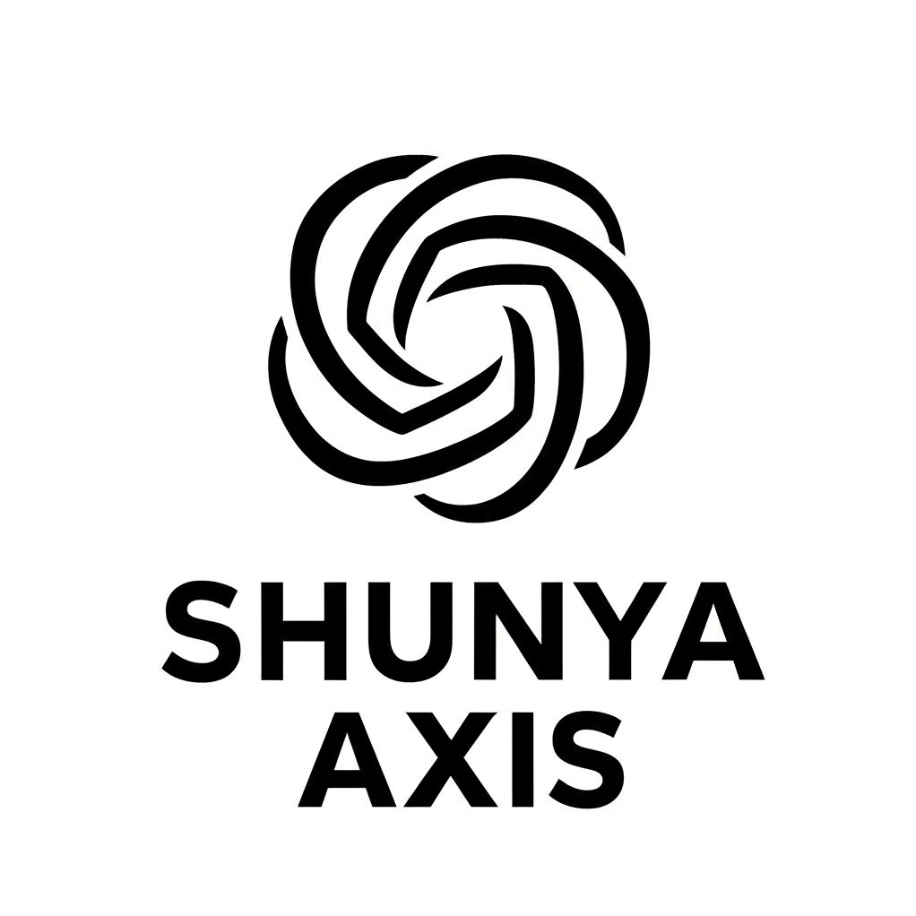 A minimalist black symbol logo for Shunya Axis, featuring a central black circle with intertwined solid and dotted lines.