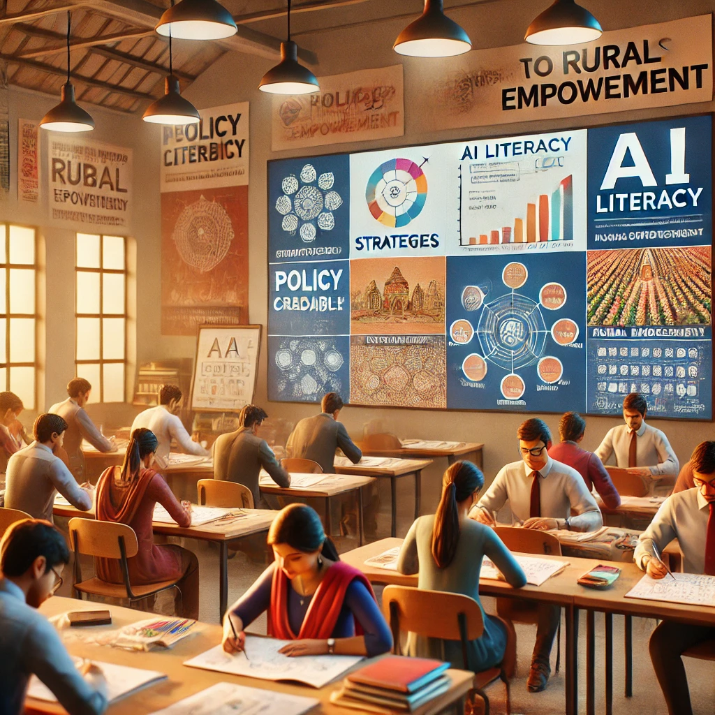 Students viewing AI-generated strategy posters and infographics in a classroom.