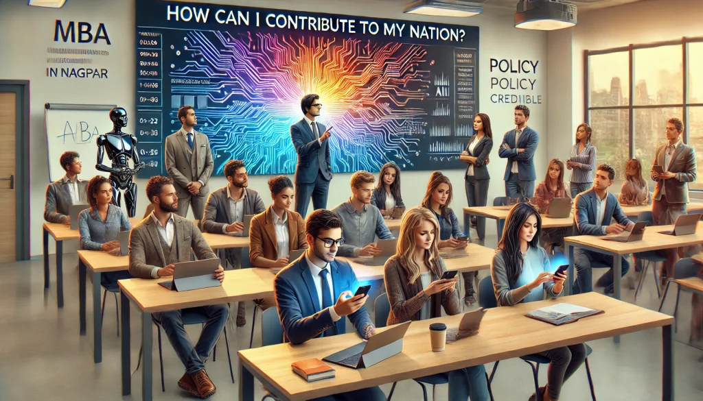 MBA students using AI tools in a classroom to explore how they can contribute to their nation.