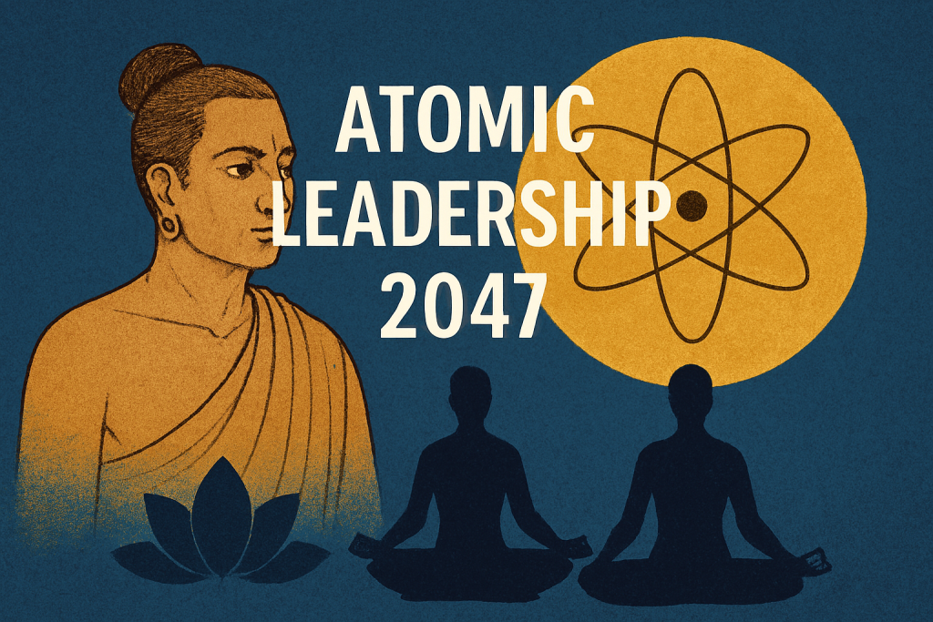 A textured deep-blue poster reading ATOMIC LEADERSHIP 2047 with a serene portrait of Kanaad on the left, a golden orb containing a simplified atom symbol on the right, and a dark-blue silhouette in a meditative pose above a lotus at the bottom.