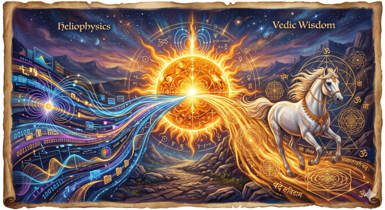 An artistic parchment scroll displaying a split vision of solar energy. The left side labeled 'Heliophysics' depicts modern space weather data streams, magnetic loops, and binary code flowing from an active sun. The right side labeled 'Vedic Wisdom' transitions into an elegant white horse galloping atop sacred geometric mandalas, Sanskrit script, and Nakshatra charts, symbolizing structured cosmic velocity.