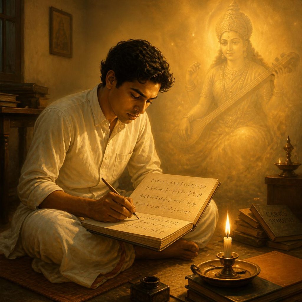 Illustration of a young Ramanujan writing mathematical equations in a notebook, with soft golden light suggesting divine inspiration.
