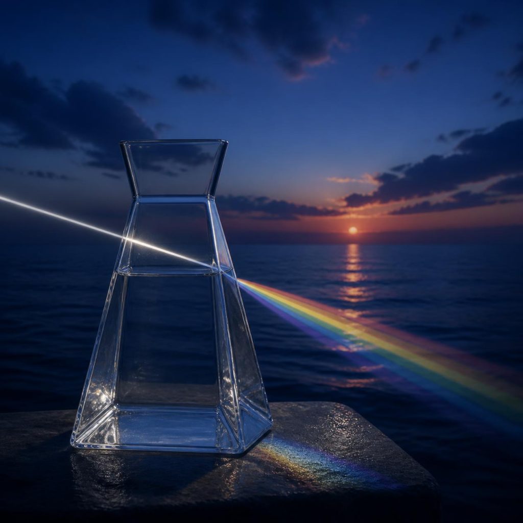 Illustration of a beam of light passing through liquid and subtly shifting color, set against a blue ocean.