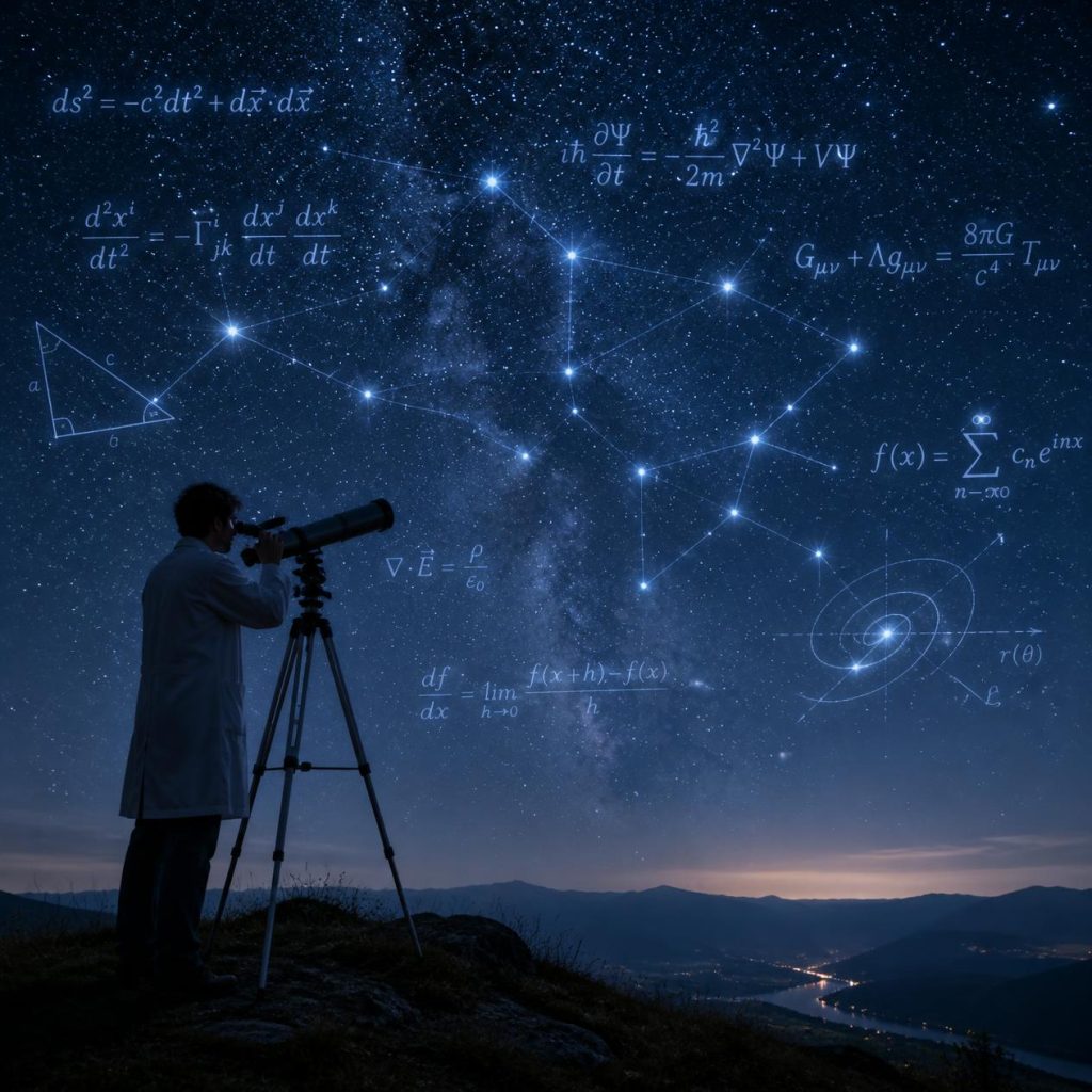 Illustration of a scientist gazing at the night sky through a telescope, with a glowing equation linking to the stars above.