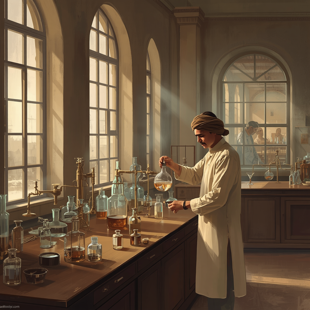 Illustration of P.C. Ray working in his chemistry laboratory, with a glimpse of his pharmaceutical factory in the background.